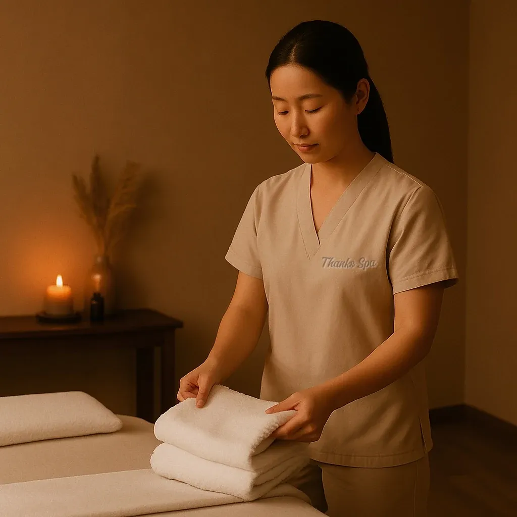 A Thanks Spa therapist preparing warm towels for a guest