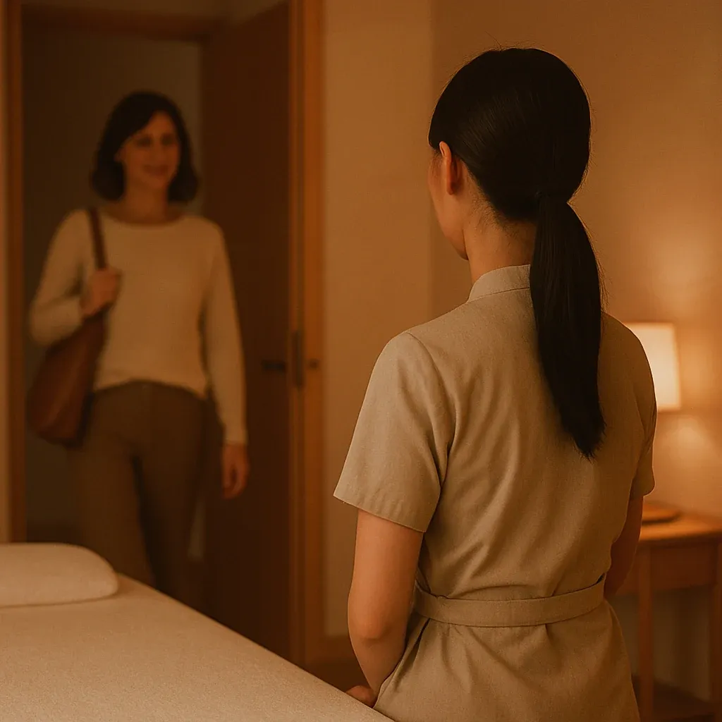 A Thanks Spa therapist welcoming a guest into a treatment room