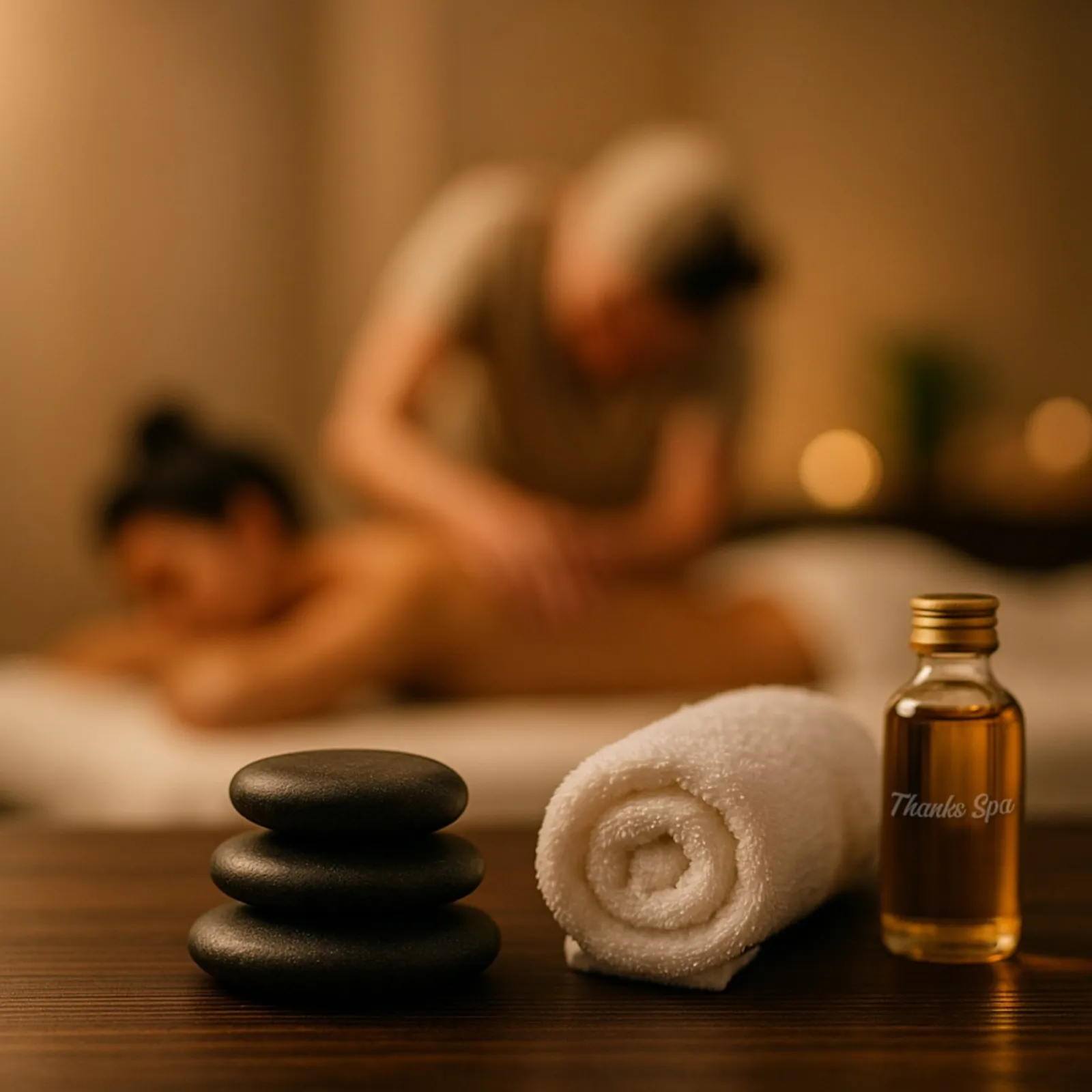 A calm massage session prepared with warm towels and stones