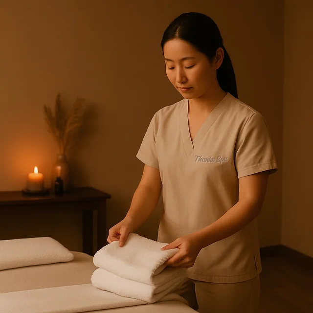 A Thanks Spa therapist preparing warm towels for a guest