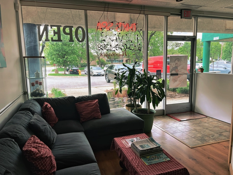 Interior view looking out from Thanks Spa toward storefront
