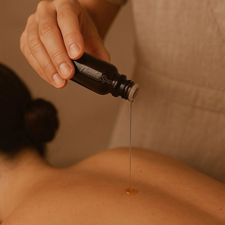 Essential oils and diffuser used in aromatherapy massage at Thanks Spa