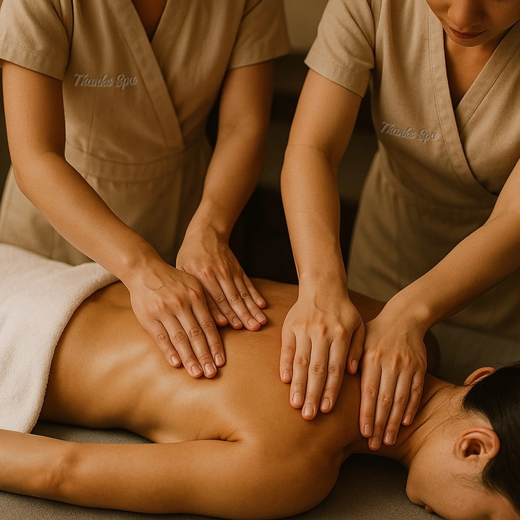 Two therapists performing four hands massage for full-body balance