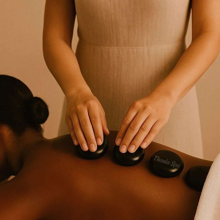 Heated stone massage easing deep muscle tension at Thanks Spa
